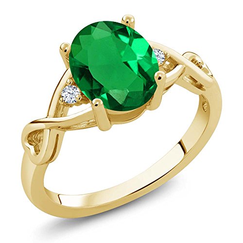 Gem Stone King Green Simulated Emerald and White Topaz 18K Yellow Gold Plated Silver Women Ring (1.55 Ct Oval) (Size 8)