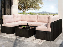 Load image into Gallery viewer, Allewie Patio Furniture Set 7 Pieces Outdoor Furniture with Seat Cushions and Tempered Glass Coffee Table, Wicker Patio Conversation Sets for Backyard, Porch, Balcony, Poolside, Khaki &amp; Black
