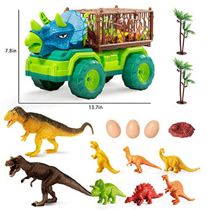TEMI Dinosaur Truck Toy for Kids 3-5 Years, Triceratops Transport Car Carrier Truck with 8 Dino Figures, Activity Play Mat, Dino Eggs and Trees, Capture Jurassic Dinosaur Play Set for Boys and Girls