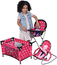 Load image into Gallery viewer, New York Doll Collection Dolls Mega Play set with Dolls High Chair, 3-1 Doll Bouncer and Pack N Play Red-color for 18-inch Dolls
