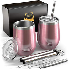 Load image into Gallery viewer, Carpe 12 oz Stemless Insulated Wine Glass Tumbler with Sliding Lid and Straw, Spill Proof Stainless Steel Double-Wall Wine Tumbler Cups for Champaign, Cocktail, Coffee, Drinks, Set of 2 (Rose Gold)
