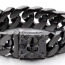 Load image into Gallery viewer, COOLSTEELANDBEYOND Mens Black Large Steel Curb Chain Bracelet with Fleur De Lis and Skull, Biker Gothic, Polished
