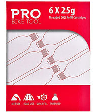 Load image into Gallery viewer, 25g Threaded CO2 Cartridges, 6 Pack- for CO2 Bike Tire Inflators with Threaded Connection - Quick Air Refill for High Volume Bicycle Tires - Cartridge for CO2 Pump - Road, Mountain or Fat Bikes
