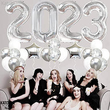 Load image into Gallery viewer, Huge, Silver 2023 Balloons Set - 40 Inch, 2023 Balloons Numbers, Confetti Balloons | Silver NYE Balloons, Happy New Year Decorations 2023 | New Years Eve Party Supplies 2023 for NYE Decorations 2023
