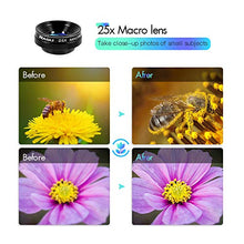 Load image into Gallery viewer, Cell Phone Camera Lens Kit,6 in 1 Universal +0.62x Wide Angle &amp;25x Macro +235°Fisheye +Phone Holder -Shutter Remote+Tripod for iPhone X/8/7/6/6s plus Samsung Android &amp; phone
