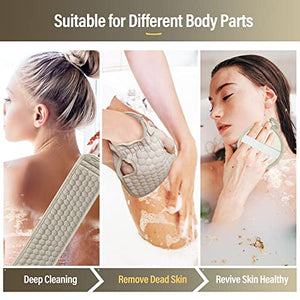 Suntee Exfoliating Back Scrubber for Shower, 3 PCS Loofah Back Scrubber with Exfoliating Glove and Sponge Pad Set, Long Deep Clean Back Washer Bath Shower Scrubber for Men and Women (36.5*4.5 inch)