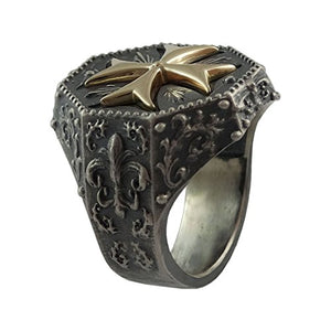 Knights Templar Maltese Cross Mens Ring Fleur De Lis Silver 925 and 10K Gold Masonic Jewelry