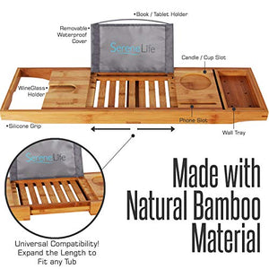 SereneLife Luxury Bamboo Bathtub Caddy Tray, Wood Brown