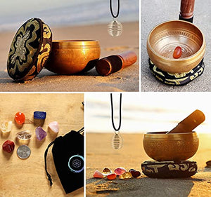 Tibetan Singing Bowl Set - Easy to Play - 7 Chakra Crystal stones with Interchangeable Cage Pendant - Handcrafted in Nepal for Meditation, Mindfulness, Yoga, and Spiritual healing - Energy Cleansing