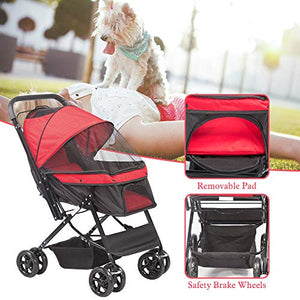 LONABR Folding Dog Stroller Travel Cage Stroller for Pet Cat Kitten Puppy Carriages - Large 4 Wheels Elite Jogger - Single or Multiple Pets (Red - 1 cage)