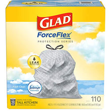 Load image into Gallery viewer, Glad ForceFlex Tall Kitchen Drawstring Trash Bags – 13 Gallon Trash Bag, Fresh Clean scent with Febreze Freshness – 110 Count (Package May Vary)
