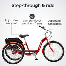 Load image into Gallery viewer, Schwinn Meridian Deluxe Adult Tricycle Bike, Three Wheel Cruiser, 26-Inch Wheels, Low Step-Through Aluminum Frame, Adjustable Handlebars, Large Cruiser Seat, Rear Folding Basket, 3-Speed, Red
