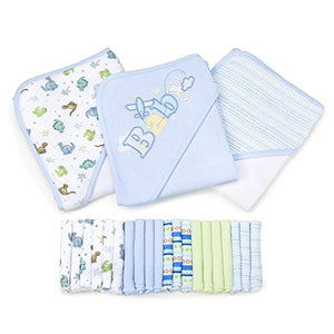 Spasilk 23-Piece Essential Baby Bath Gift Set – Hooded Baby Towels & Washcloths – Newborn Boy or Girl – Baby Shower Gift, Blue