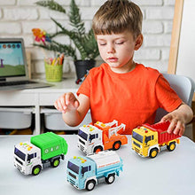 Load image into Gallery viewer, 4 Pack City Service Vehicle Car Truck Toy Set - Tow Truck,Dump Truck,Sprinkler,and Garbage Truck - with Friction Powered Wheels and Lights &amp; Sounds
