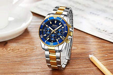 Load image into Gallery viewer, Mens Watches Chronograph Gold Blue Stainless Steel Waterproof Date Analog Quartz Business Casual Fashion Wrist Watches for Men
