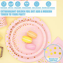 Load image into Gallery viewer, Pink and Gold Party Supplies 350PCS Disposable Dinnerware Set - Pink Paper Plates Napkins Cups, Gold Plastic Forks Knives Spoons for Birthday Bridal Baby Shower Valentine's Day Bachelor Wedding Party
