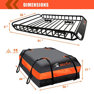 MeeFar Roof Rack Carrier Basket Universal Rooftop Cargo Carrier Basket 51" X 36" X 5" + Waterproof Cargo Bag 15 Cubic Feet (44" 34" 17"), and Cargo Net with Attachment Hooks, Ratchet Straps