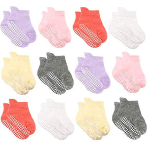 AVANTMEN Baby Socks with Grips Non Slip for Babies Girls Boys Toddlers Infants Kids Ankle Socks Anti Skid 6/12 Pack (12 Pack Girls - Assorted Solid, 1-3T)