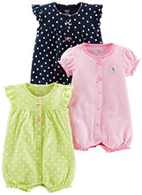 Load image into Gallery viewer, Simple Joys by Carter's Baby Girls' Snap-up Rompers, Pack of 3, Navy/Pink/Yellow, Dots/Stripe, 0-3 Months
