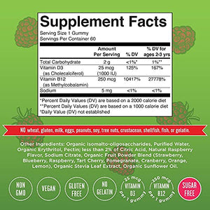 Vitamin D3 + Vitamin B12 | Sugar Free | 2 Month Supply | Vitamin D & B12 Vitamin Gummy Supplements for Adults & Kids | Supports Bone Health | Energy Boost | Vegan | Non-GMO | Gluten Free | 60 Servings