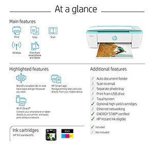 HP DeskJet 3755 Compact All-in-One Wireless Printer, HP Instant Ink, Works with Alexa - Seagrass Accent (J9V92A)