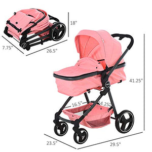 Qaba 2 in 1 Design Lightweight Baby Stroller Basket One-Click Foldable Compact Travel Pushchair w/Reclinable Back Footrest Safety Belt Storage Basket Suspension Wheels for 0-36 Months Pink