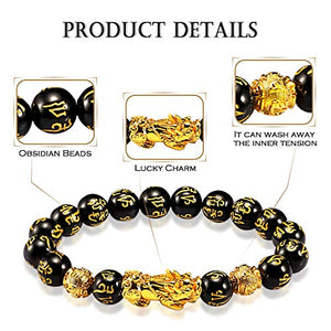 EnjoIt 12mm 4PCS Feng Shui Black Obsidian Wealth Bracelet Pi Xiu Charm Handmade Lucky Amulet Bracelet for Men Women