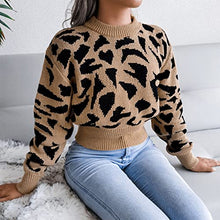 Load image into Gallery viewer, Women's Jumper Sweater Long Sleeve Knitwear Fashionable Leopard Print Casual Knit Slim Fit Hem Women Knitted Tops(L-Khaki)
