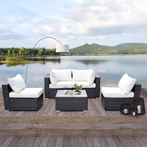 Viewee 5-Pieces Outdoor Patio Furniture Sets Rattan Wicker Patio Sofa with 2 Corner Chairs& 2 Armless Chair &1 Glass Top Patio Table