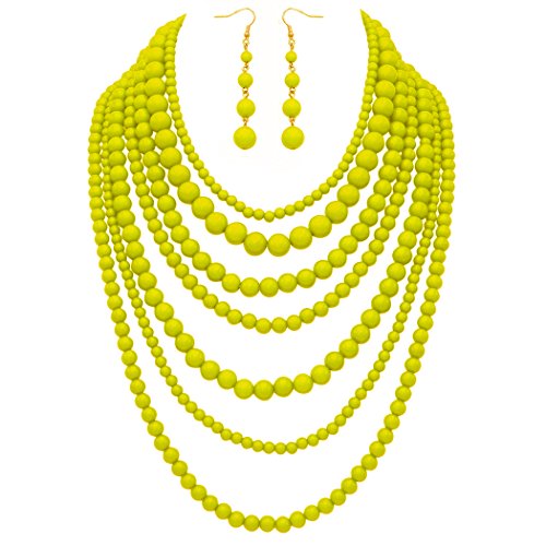 Rosemarie Collections Women's Seven Multi Strand Beaded Statement Round Ball Drape Colorful Necklace and Earrings Jewelry Set (Sunshine Yellow)