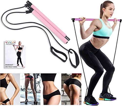 Artoflifer Exercise Resistance Band Yoga Pilates Bar Kit Portable Pilates Stick Muscle Toning Bar Home Gym Pilates with Foot Loop for Total Body Workout (Pink)