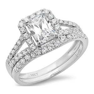 1.60ct Emerald Cut Pave Halo Bridal Engagement Wedding Ring band set 14k White Gold, 8