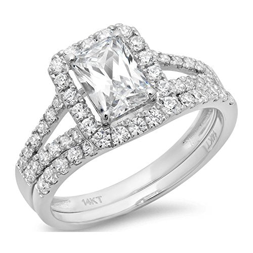 1.60ct Emerald Cut Pave Halo Bridal Engagement Wedding Ring band set 14k White Gold, 8