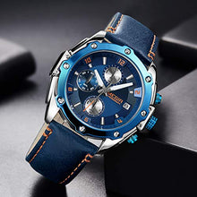 Load image into Gallery viewer, MEGIR Men Business Analogue Quartz Watch with Fashion Blue Leather Strap Chronograph Luminous Auto Calendar for Sport &amp; Work 2074 Blue
