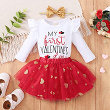 Load image into Gallery viewer, My First Valentine&#39;s Day Newborn Baby Girl Outfit Long Sleeve Romper + Valentine&#39;s Tutu Skirt + Headband 3PCS Clothing Set (White, 6-12 Months)
