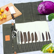 Load image into Gallery viewer, SmarTopus Chef Knife Roll Bag - Handmade Waxed Canvas and Leather Knife Bag Stores 10 Knives + Zipper Pocket and Shoulder Strap
