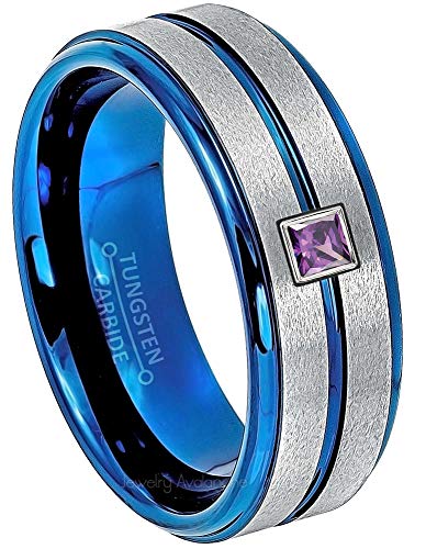 Custom-made Solitaire Princess Cut 0.10ctw Amethyst Tungsten Ring - 8MM Grooved Center 2-Tone Blue IP Tungsten Carbide Men's Wedding Band - February Birthstone Ring - White Gold Bezel - s8.5