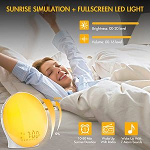 Sunrise Alarm Clock, Full Screen Wake Up Light with Sunrise Simulation, Dual Alarms, FM Radio, 8 Natural Sounds & Snooze, 3 Light Modes, Bedroom Digital Alarm Clock for Heavy Sleepers Adults Kids