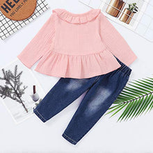 Load image into Gallery viewer, 2T Girls Clothes Kids Toddler Girl Outfits Linen Long Sleeve Ruffle Shirt Blue Ripped Denim Jeans Pants Set Cute Clothes for Girl 2 3Yr Old
