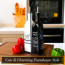 Load image into Gallery viewer, Farmhouse Oil and Vinegar Dispenser Set by Brighter Barns - Black &amp; White Olive Oil Dispenser Bottle with Caddy Holder &amp; Stainless Steel Spout - Cute Modern Vintage Glass Cruet for Kitchen -500ml 17oz
