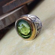 Load image into Gallery viewer, &quot;peridot ring, designer handmade jewelry, 925 sterling silver, two tone ring, arabic design ring, peridot men ring, gemstone man&#39;s ring, august birthstone, spiritual ring, healing power ring&quot;
