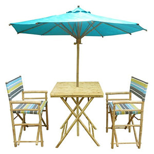 Zew 4-Piece Bamboo Outdoor Backyard Patio Set with Square Table, 2 Folding Canvas Chairs and Umbrella, White