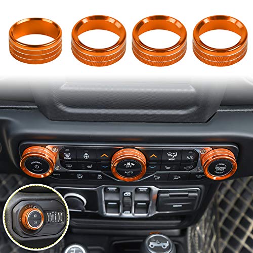 Voodonala Air Conditioner Headlight Switch Knob Trim for 2018-2022 Jeep Wrangler JL JLU Gladiator JT, Orange Aluminum Alloy 4pcs