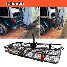 Load image into Gallery viewer, MeeFar Folding Hitch Mount Cargo Carrier Basket 60&quot; X 20&quot; X 6&quot;+Waterproof Cargo Bag 16 Cubic Feet(58&quot; 19&quot; 24&quot;),Hauling Weight Capacity of 500 Lbs and A Folding Arm.with Hitch Stabilizer,Net and Straps
