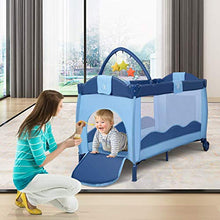 Load image into Gallery viewer, BABY JOY Portable Baby Playard, 3 in 1 Foldable Reversible Napper and Changer, Portable Playard Travel Bassinet Bed with Hanging Toys, 2 Lockable Wheels Diaper Changing Table (Blue)
