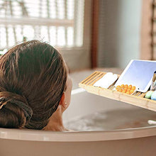 Load image into Gallery viewer, Luxury Bath Caddy Tray for Tub | Bath Table | Premium Bamboo Bathtub Tray for Tub | Fits All Bath Accessories Wine Glass, Books, Tablets, Cellphones, Shampoo | Bath Shelf Foldable

