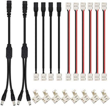 Load image into Gallery viewer, HitLights LED Strip Connector 2Pin 8mm LED Connector Kit Include Solderless Gapless Connector, 6Inch Jumper Connector, DC Female and Connector, DC Jack Splitter for 3528 5050 LED Strip
