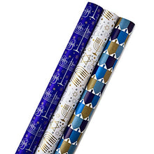 Load image into Gallery viewer, Hallmark Tree of Life Hanukkah Wrapping Paper Bundle with Cut Lines on Reverse, Blue, Gold and White (Pack of 3, 140 sq. ft. ttl.)
