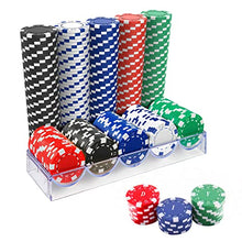 Load image into Gallery viewer, 100Pcs Professional Poker Chip with Storage Box, 5 Colors Casino Poker Chips Set, Clay Composite Dice Striped Casino Poker Chips for Casino Card Games Texas Holdem Blackjack Gambling - 11.5 Gram
