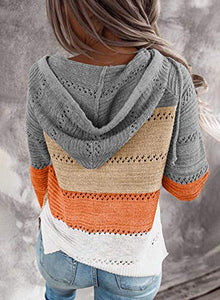 Biucly Womens Stripes Color Block Knit Sweater Zip Up Hoodies Long Sleeve Lightweight Drawstring Jacket Pullover Sweatshirts Sweaters Fall Winter,US 4-6(S),Grey
